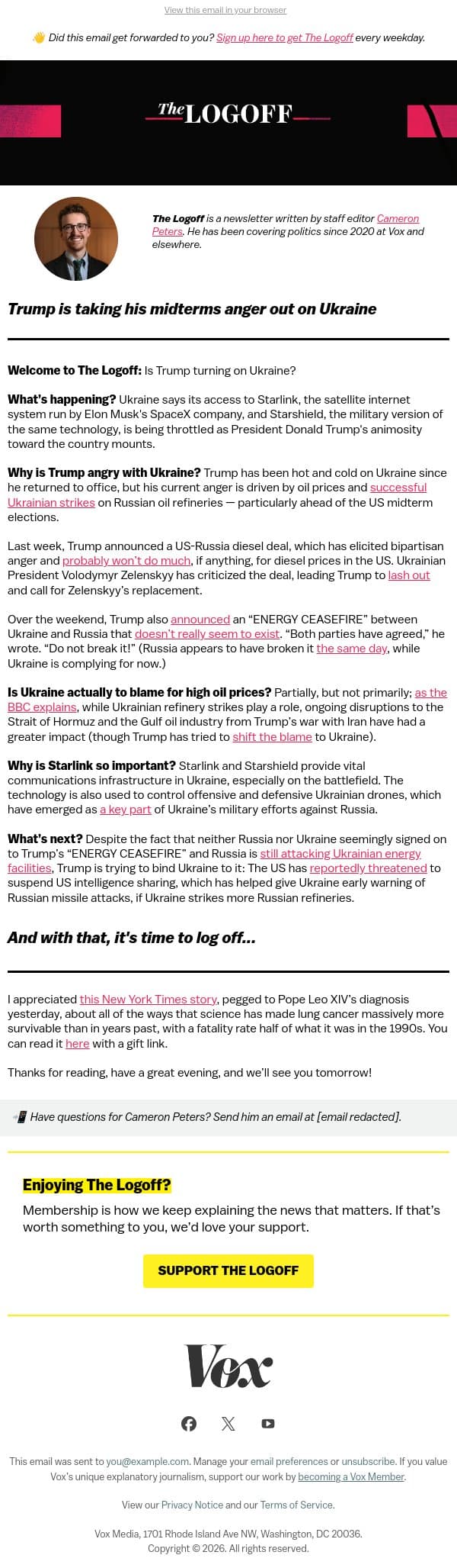 Trump is taking his midterms anger out on Ukraine email from Vox screenshot