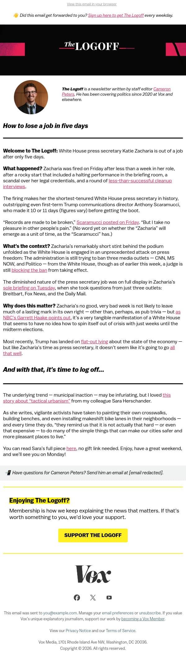 How to lose a job in five days email from Vox screenshot