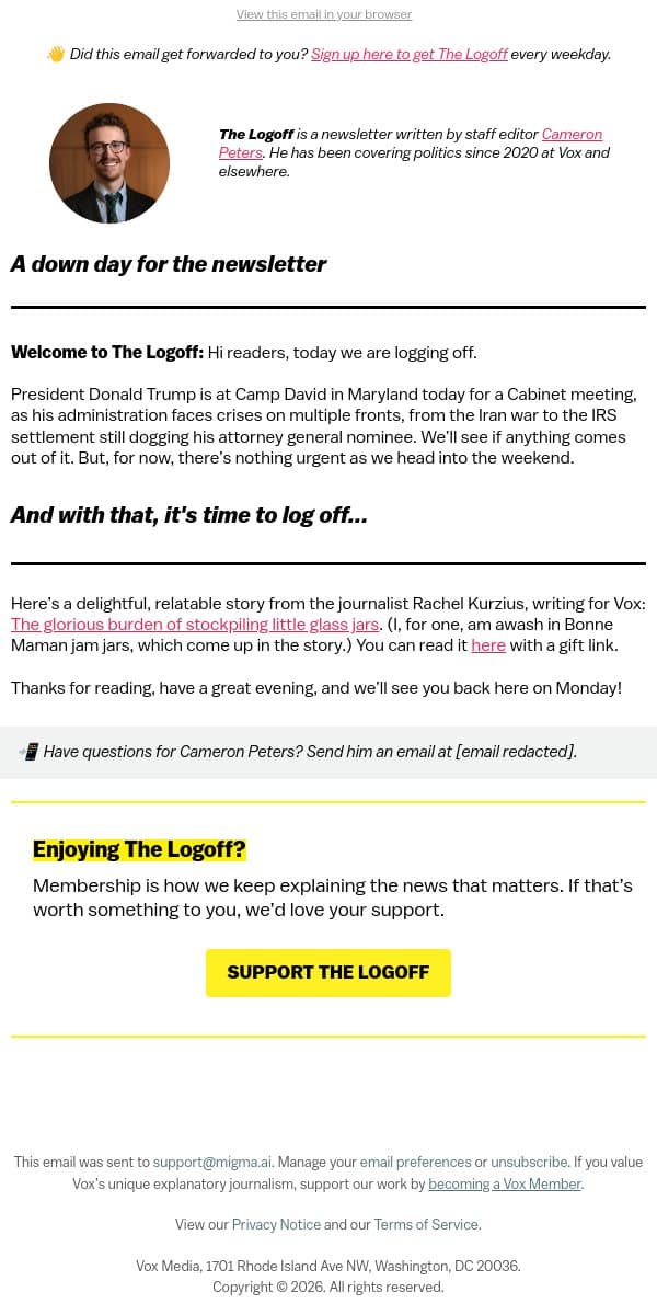 Log off with lots of tiny glass jars email from Vox screenshot