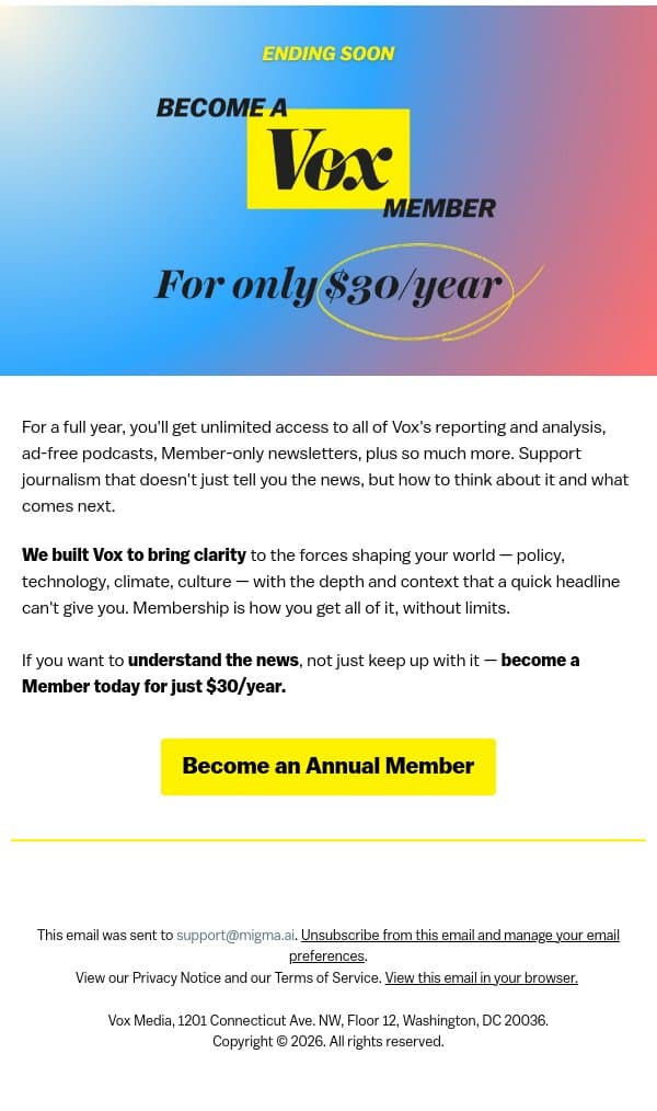 Last chance: Become a member for $30/year email from Vox screenshot