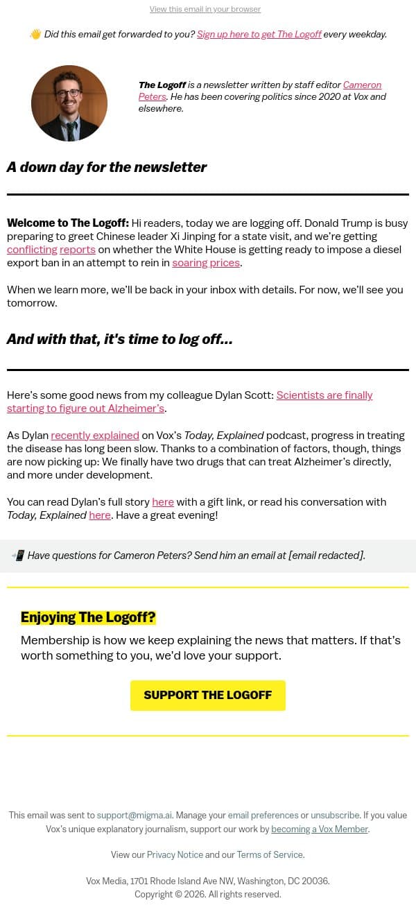 Good news about Alzheimer's before you log off email from Vox screenshot