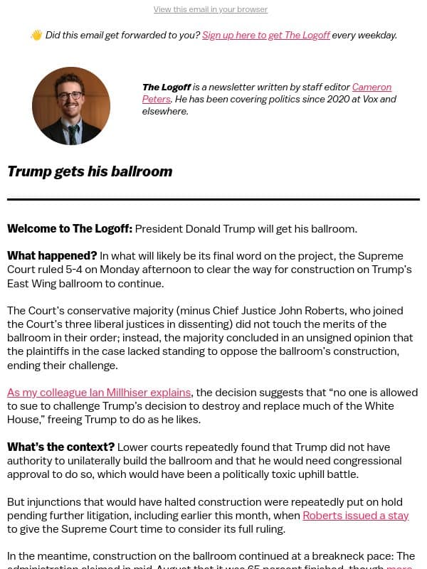 Trump gets his ballroom email from Vox