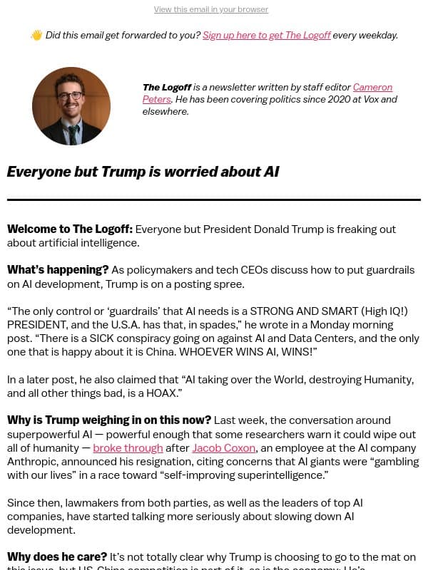 Everyone but Trump is worried about AI email from Vox