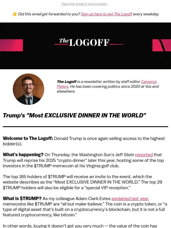 Trump's "Most EXCLUSIVE DINNER IN THE WORLD" email from Vox