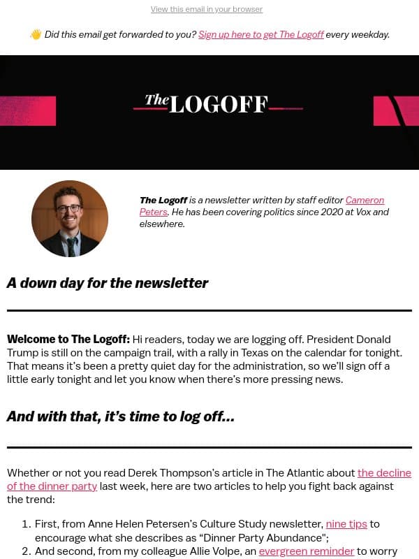Log off with some dinner party advice email from Vox