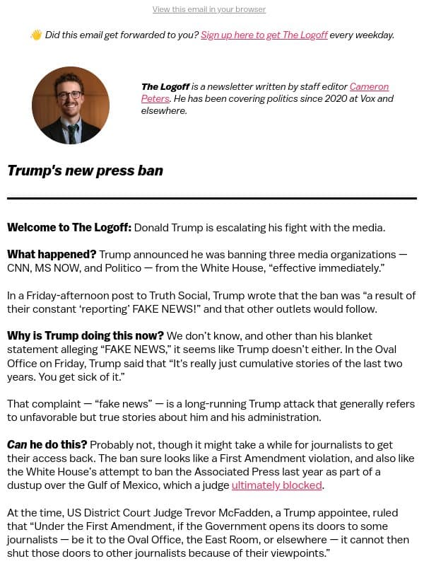 Trump's new press ban email from Vox