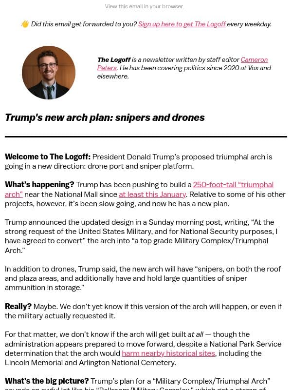 Trump's new arch plan: snipers and drones email from Vox
