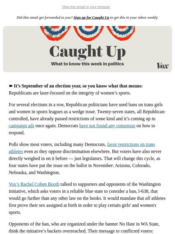 A blue-state trans sports ban? email from Vox