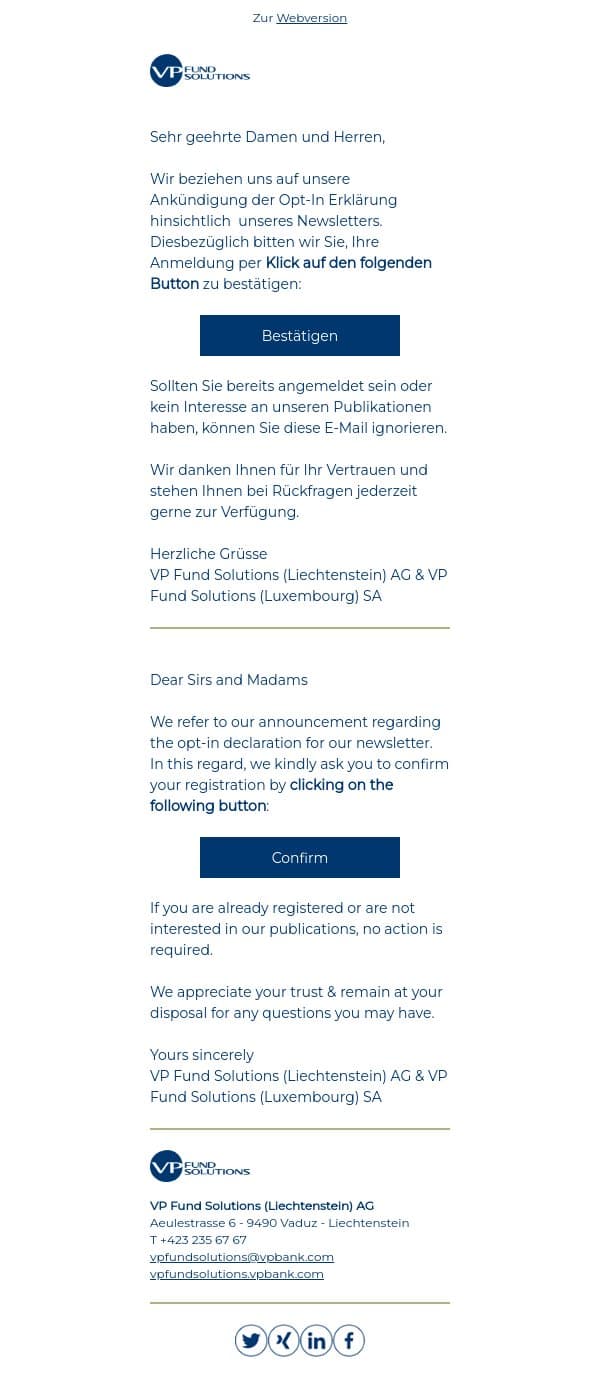 VP Fund Solutions — Bitte bestätigen Sie Ihre Anmeldung — Please confirm your registration email from VPBank screenshot