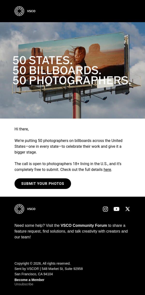 Your photo. On a billboard. email from VSCO screenshot