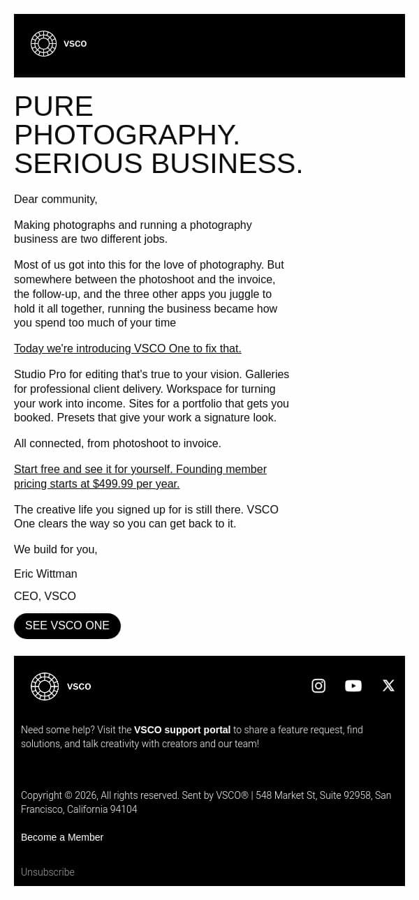 [Major announcement] VSCO One has landed. email from VSCO screenshot