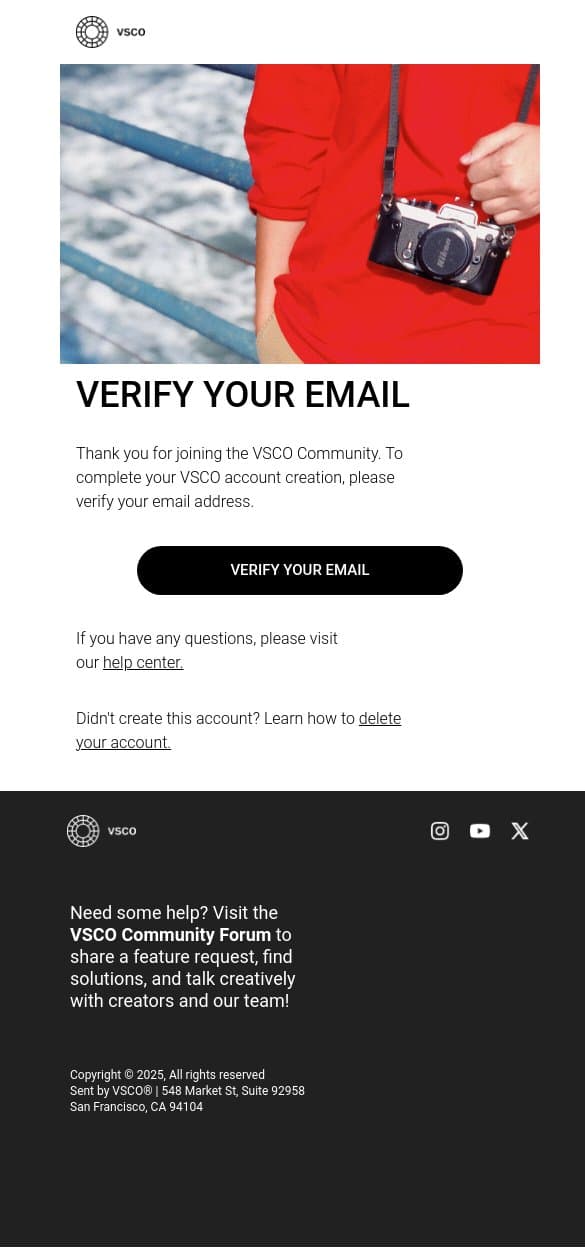 Verify your email address email from VSCO screenshot