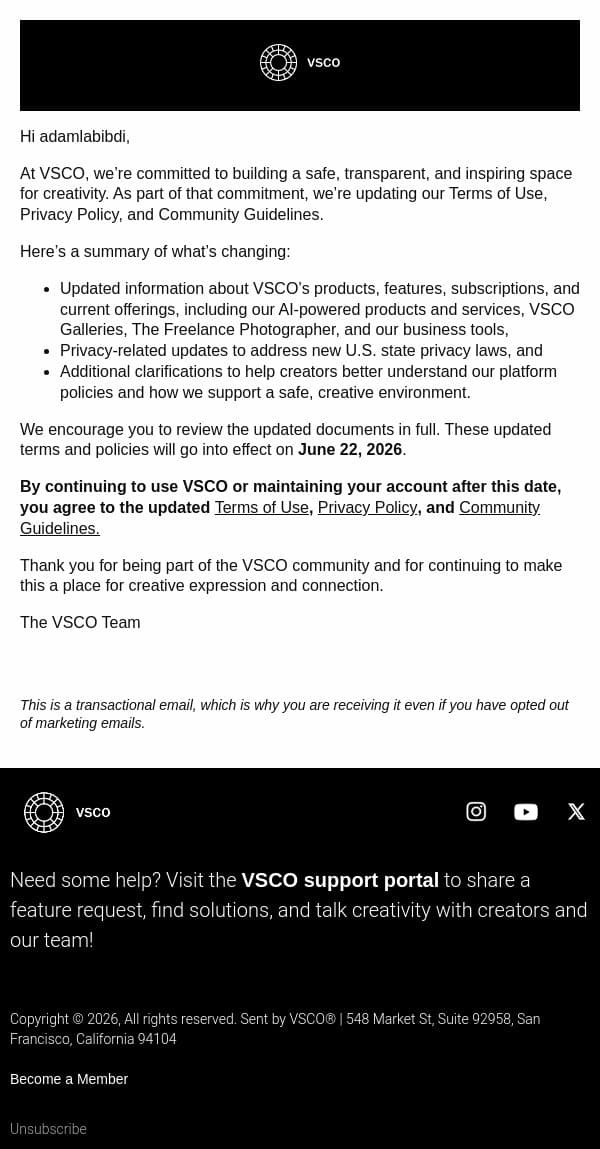 We’re updating our Terms of Use and Privacy Policy email from VSCO screenshot