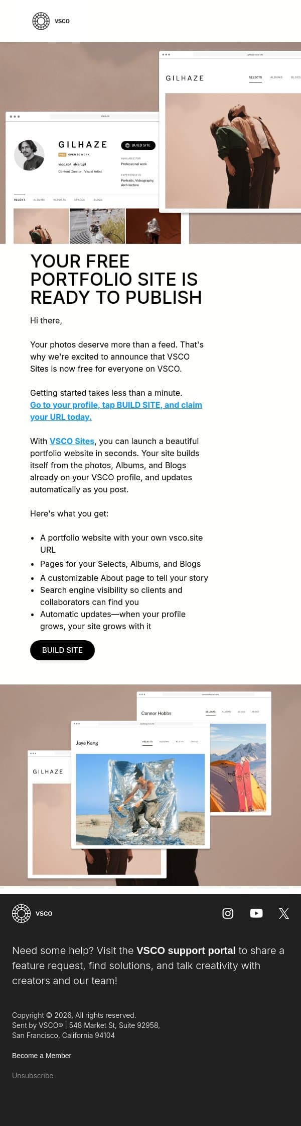 Your free portfolio site is waiting email from VSCO screenshot