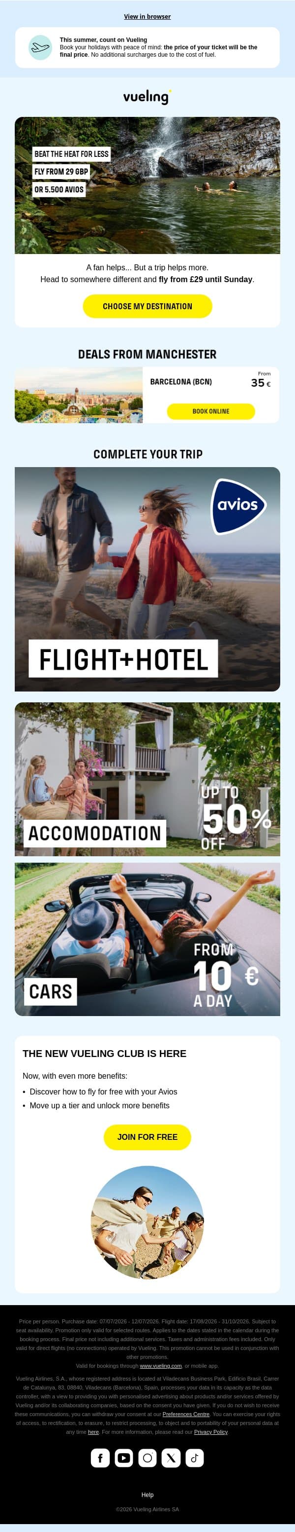 It’s hot. Very hot. Escape from £29 🏃‍♀️‍➡️🍧 email from Vueling screenshot