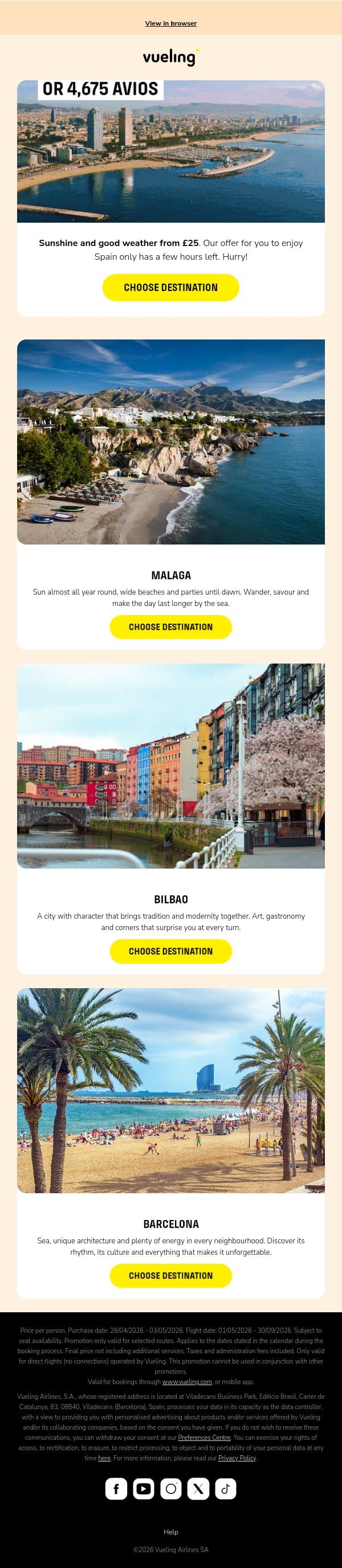 Book your summer in Spain today 😉 email from Vueling screenshot