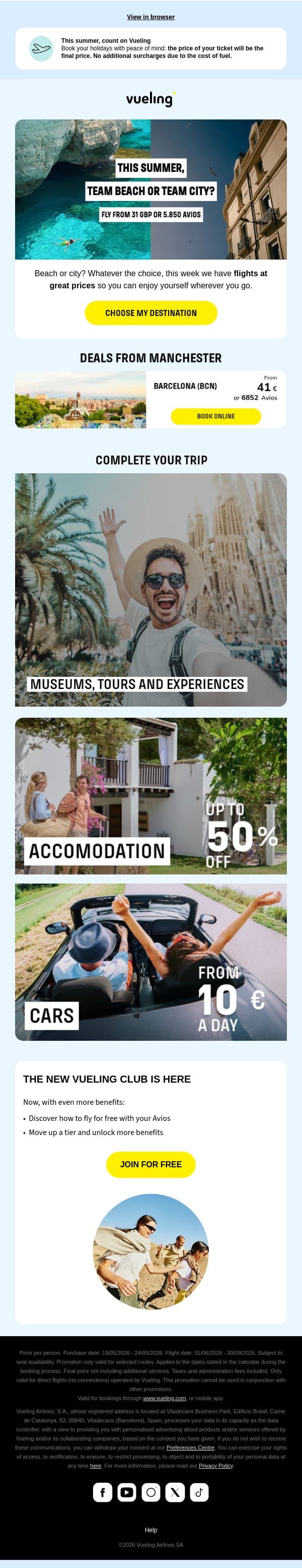 Beach or city? Book your summer 😉 email from Vueling screenshot