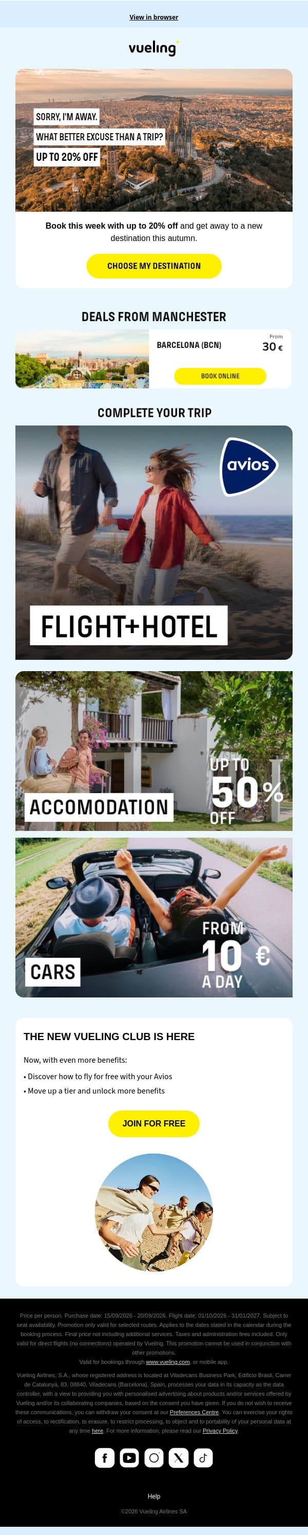 Up to 20% off your next escape ✈️ email from Vueling screenshot