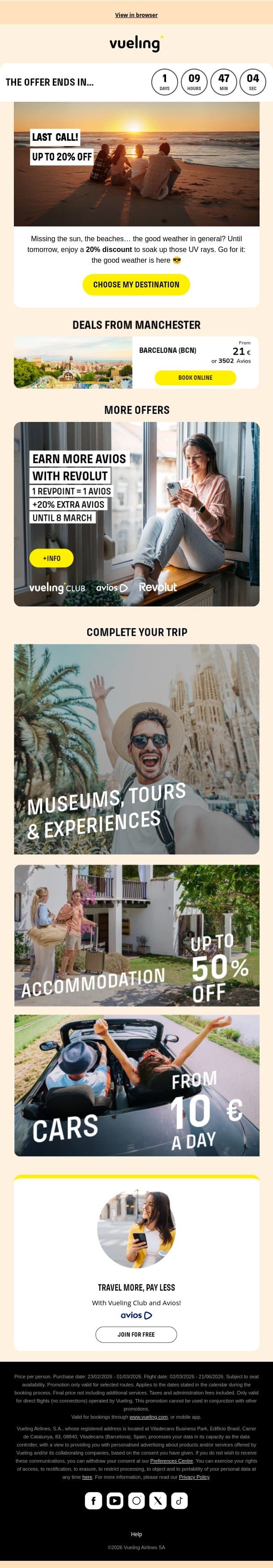 ☀️ Sunshine with 20% off. Only until Sunday! ☀️ email from Vueling screenshot