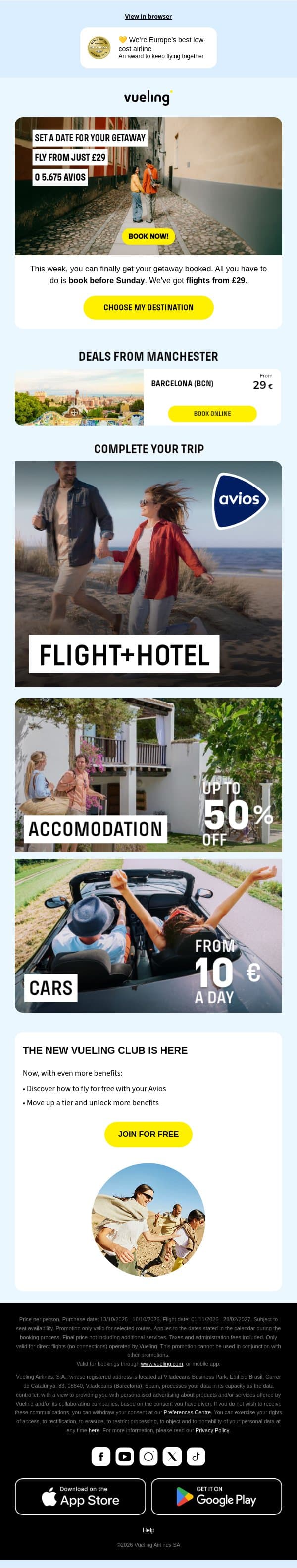 Set a date for your getaway 🏃‍♀️‍➡️ email from Vueling screenshot