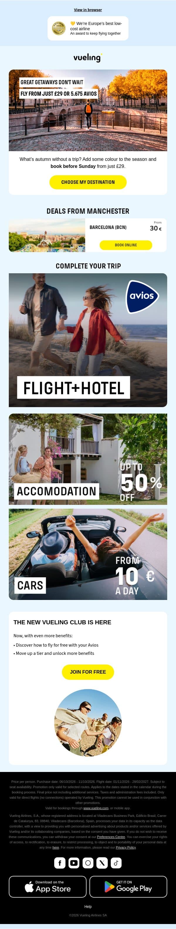 🍂 The best getaways won’t wait: fly from £29 email from Vueling screenshot