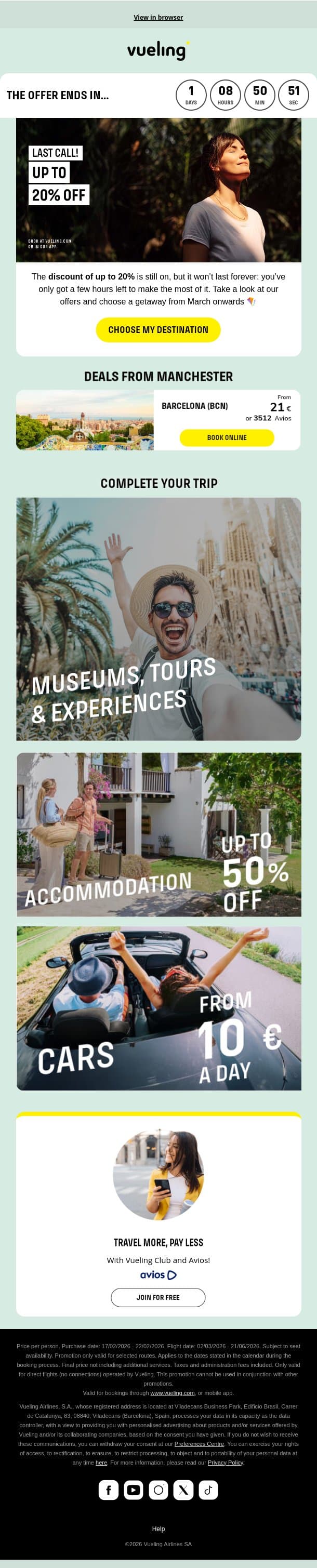 Tick tock… the 20% discount is slipping away 😶‍🌫️ email from Vueling screenshot