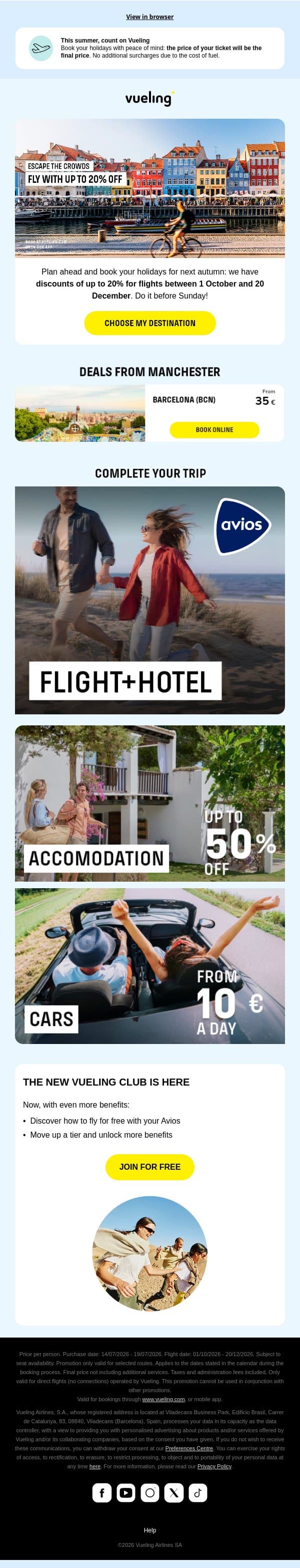 Discounts of up to 20%: get away off season 🪁 email from Vueling screenshot