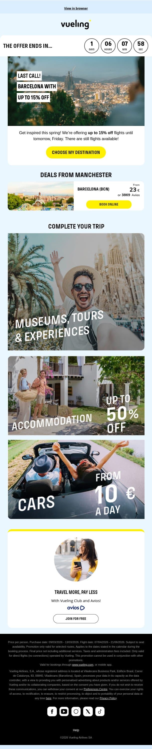 Take off this spring with 15% off. Last call! ✈️ email from Vueling screenshot
