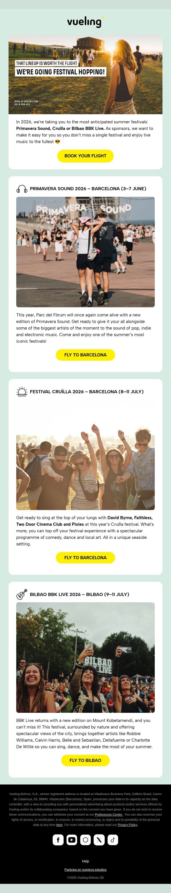 🎸 Primavera Sound, Cruïlla and Bilbao BBK Live – we’ll take you there! email from Vueling screenshot