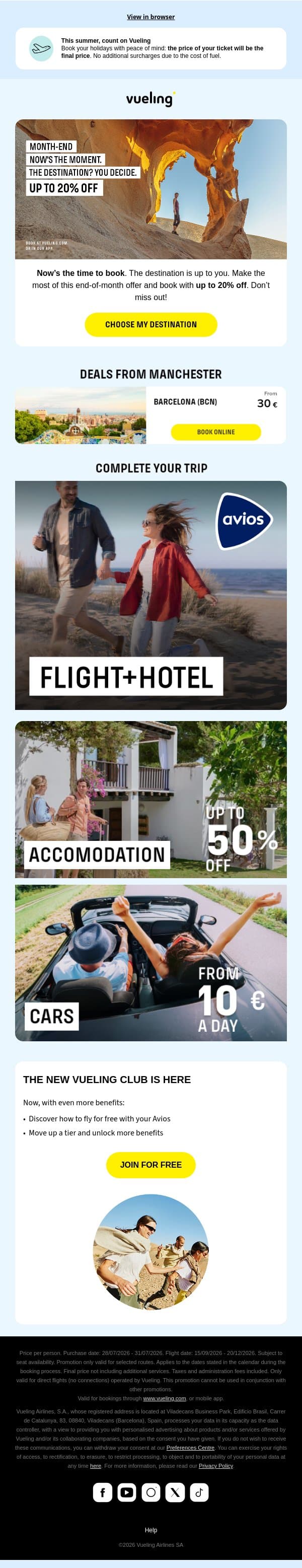 💛 20% off to end the month 💛 email from Vueling screenshot