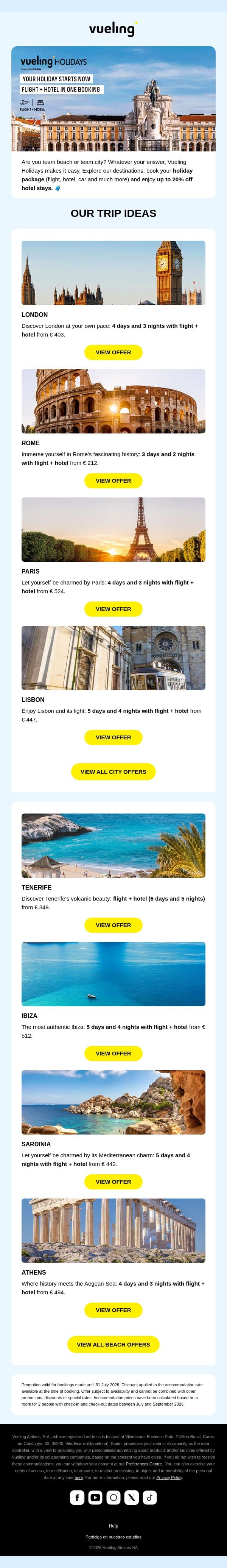 Vueling Holidays: flight + hotel in one booking 🧳 email from Vueling screenshot