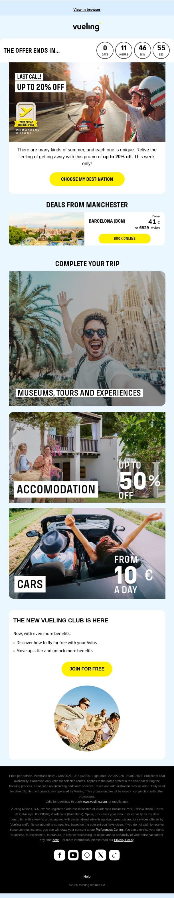 Last hours! 20% off to fly again 🌍 email from Vueling screenshot