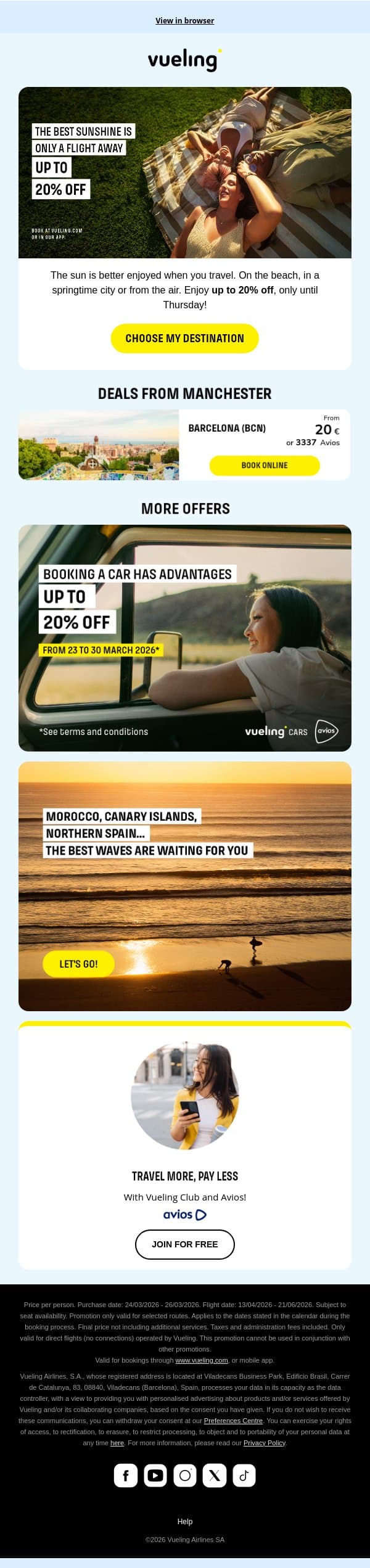 ☀️ Up to 20% off to get closer to the sun ☀️ email from Vueling screenshot