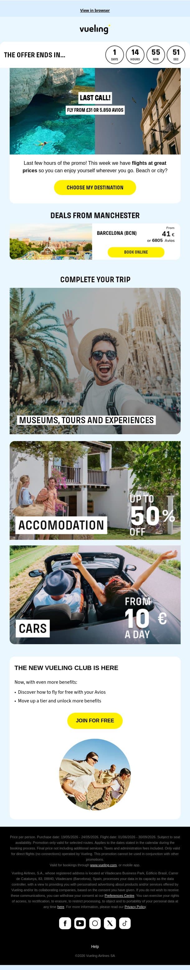 Last few hours to choose between beach and city 😉⛱️🌆 email from Vueling screenshot