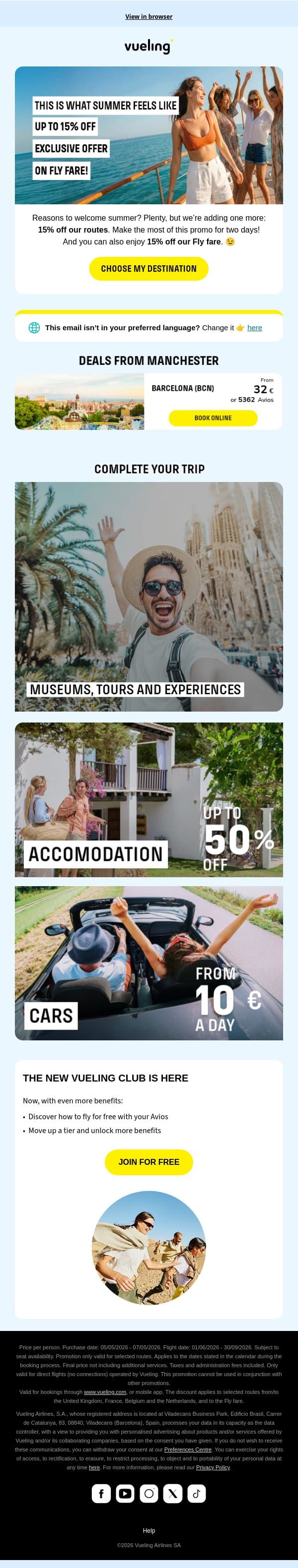 15% off to kick off summer 🍦☀️ email from Vueling screenshot
