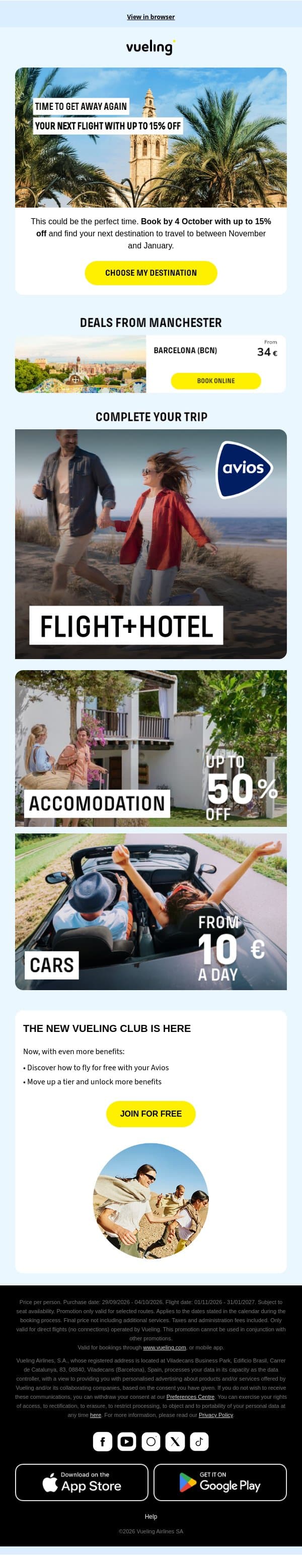 Time to travel again: up to 15% off ⭐ email from Vueling screenshot