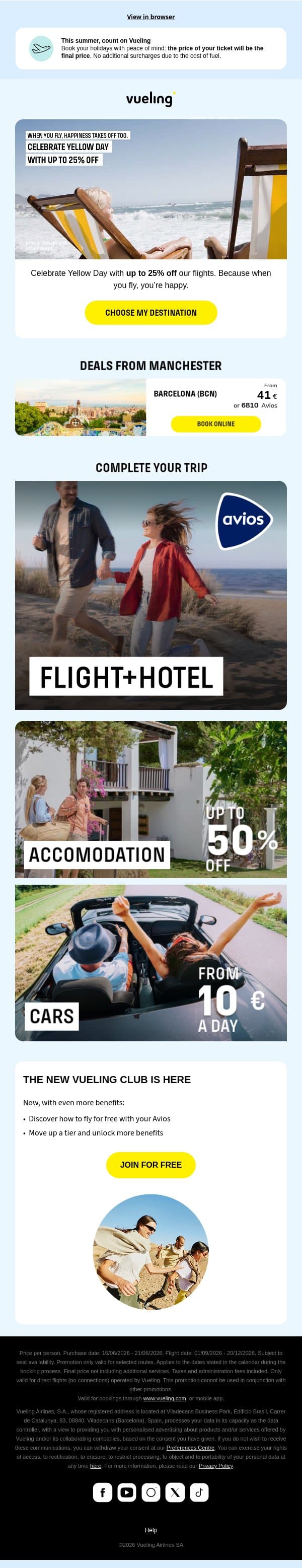 💛 Yellow Day: 25% off our flights 💛 email from Vueling screenshot