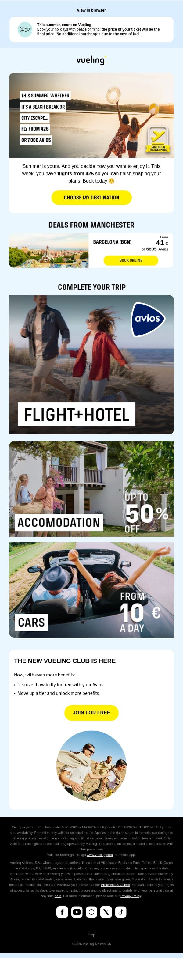 🏖️🏙️ Beach or city? This summer, fly from 42€ email from Vueling screenshot