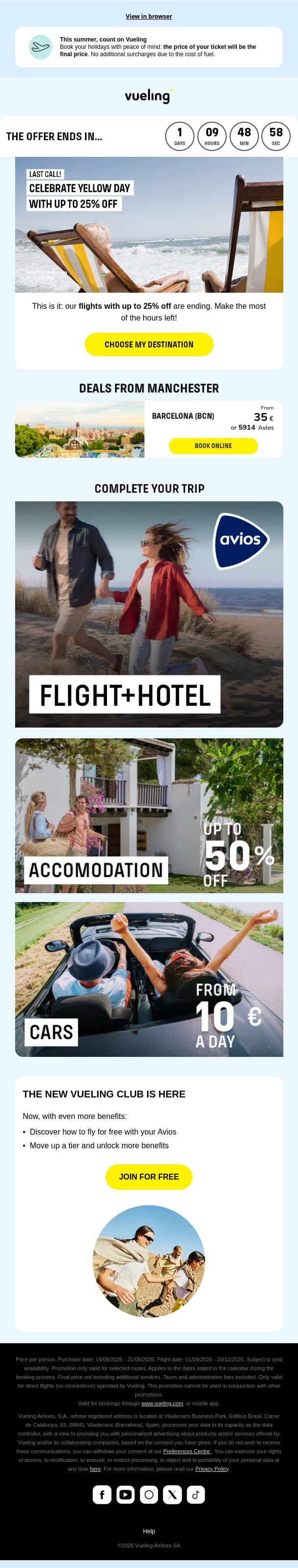 💛 Last few hours of Yellow Day! 💛 Up to 25% off flights email from Vueling screenshot