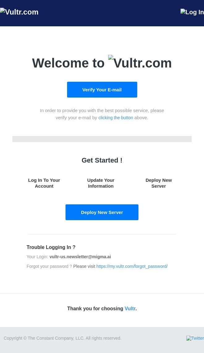 Welcome to Vultr.com email from Vultr screenshot