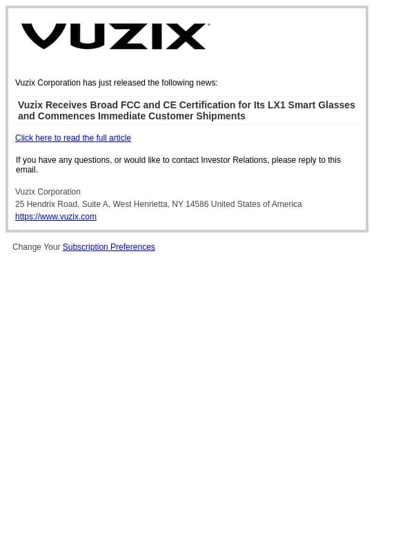 Vuzix Receives Broad FCC and CE Certification for Its LX1 Smart Glasses and Commences Immediate Customer Shipments email from Vuzix screenshot