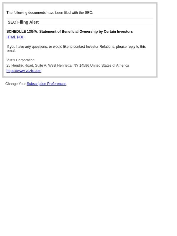 SEC Filing Alert for Vuzix Corporation email from Vuzix screenshot