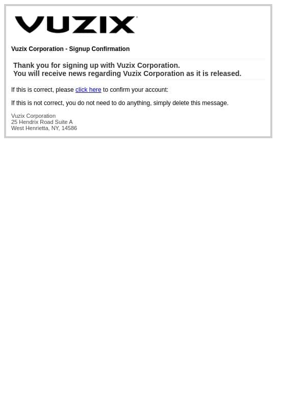 Vuzix Corporation - Signup Confirmation email from Vuzix screenshot