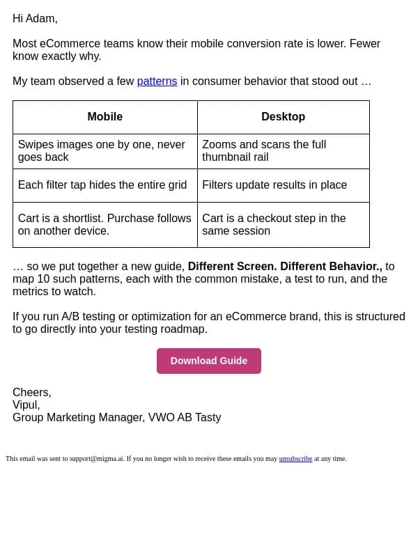 Your mobile users don't shop like your desktop users email from VWO screenshot