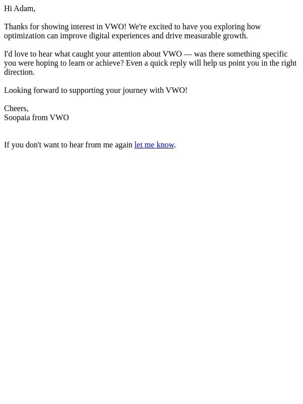 Thanks for showing interest in VWO! email from VWO
