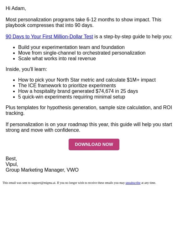 Your 90-day roadmap to a million-dollar personalization win! email from VWO