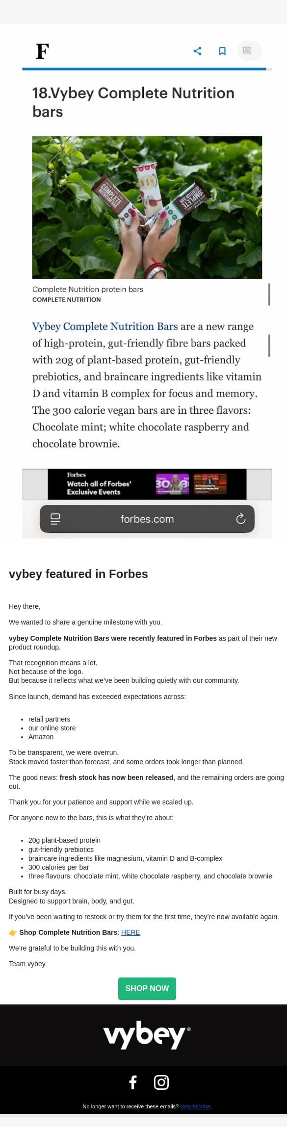 vybey featured in Forbes 💚 email from vybey screenshot