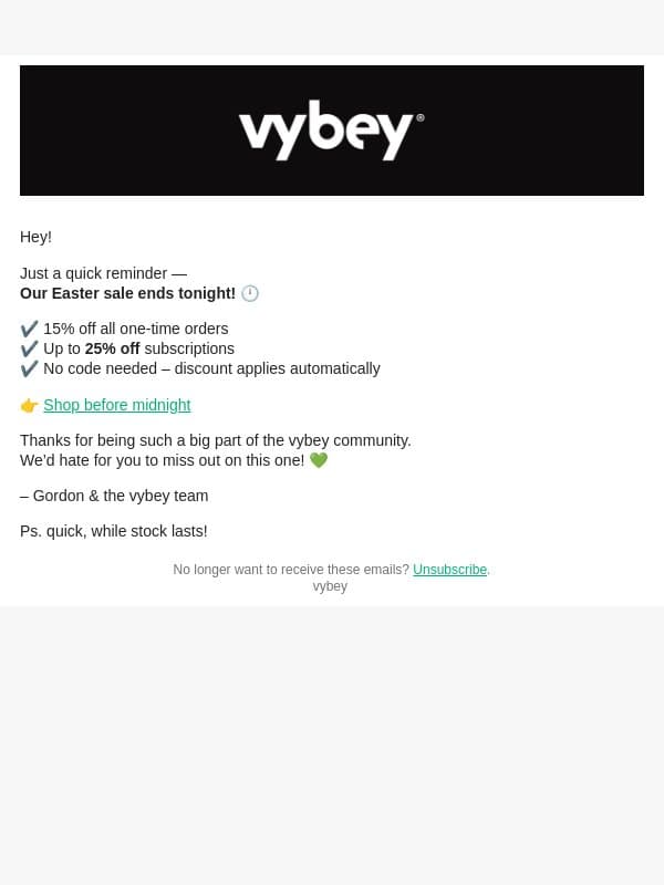 Final Call: Easter Sale Ends Tonight! 🐣 email from vybey screenshot