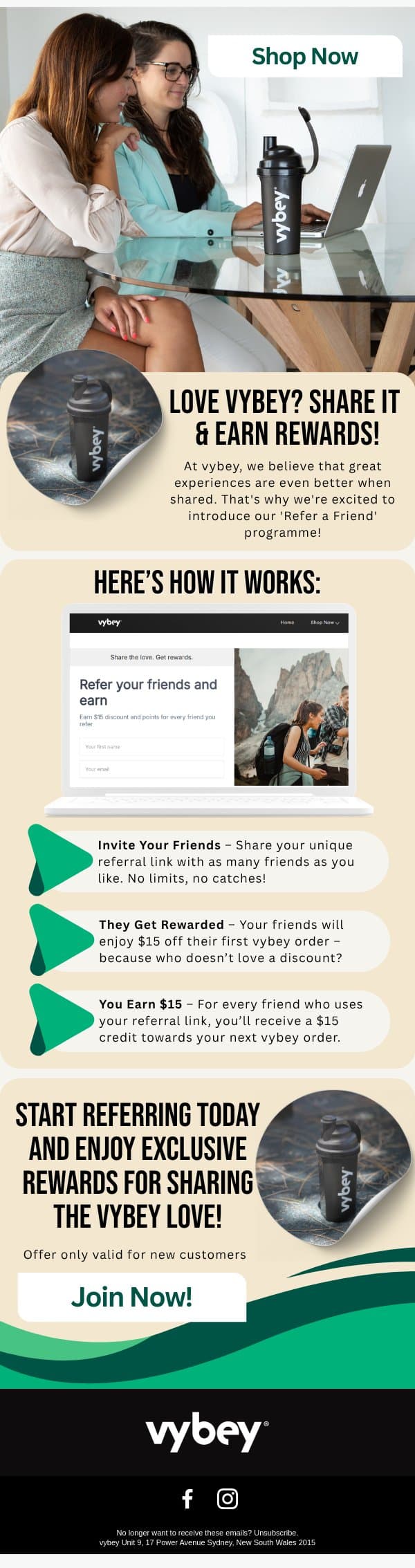 Share the vybey Love – Give $15, Get $15! email from vybey screenshot