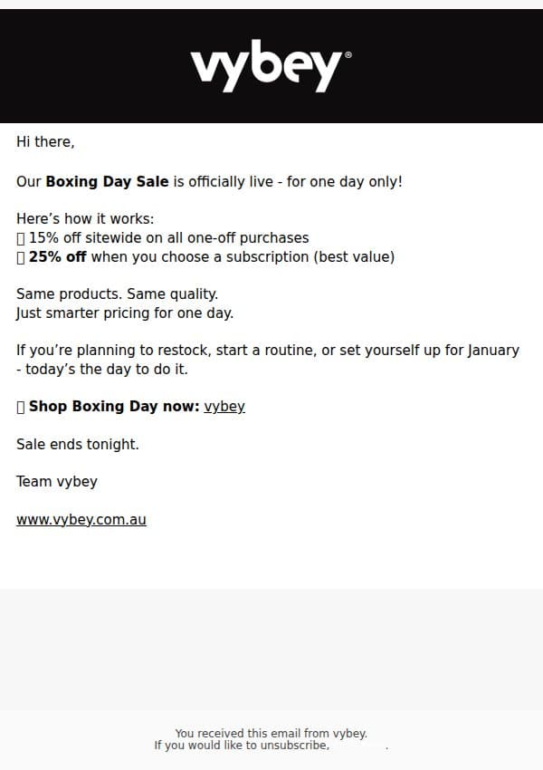 Boxing Day SALE - save up to 25% 🖤 email from vybey screenshot